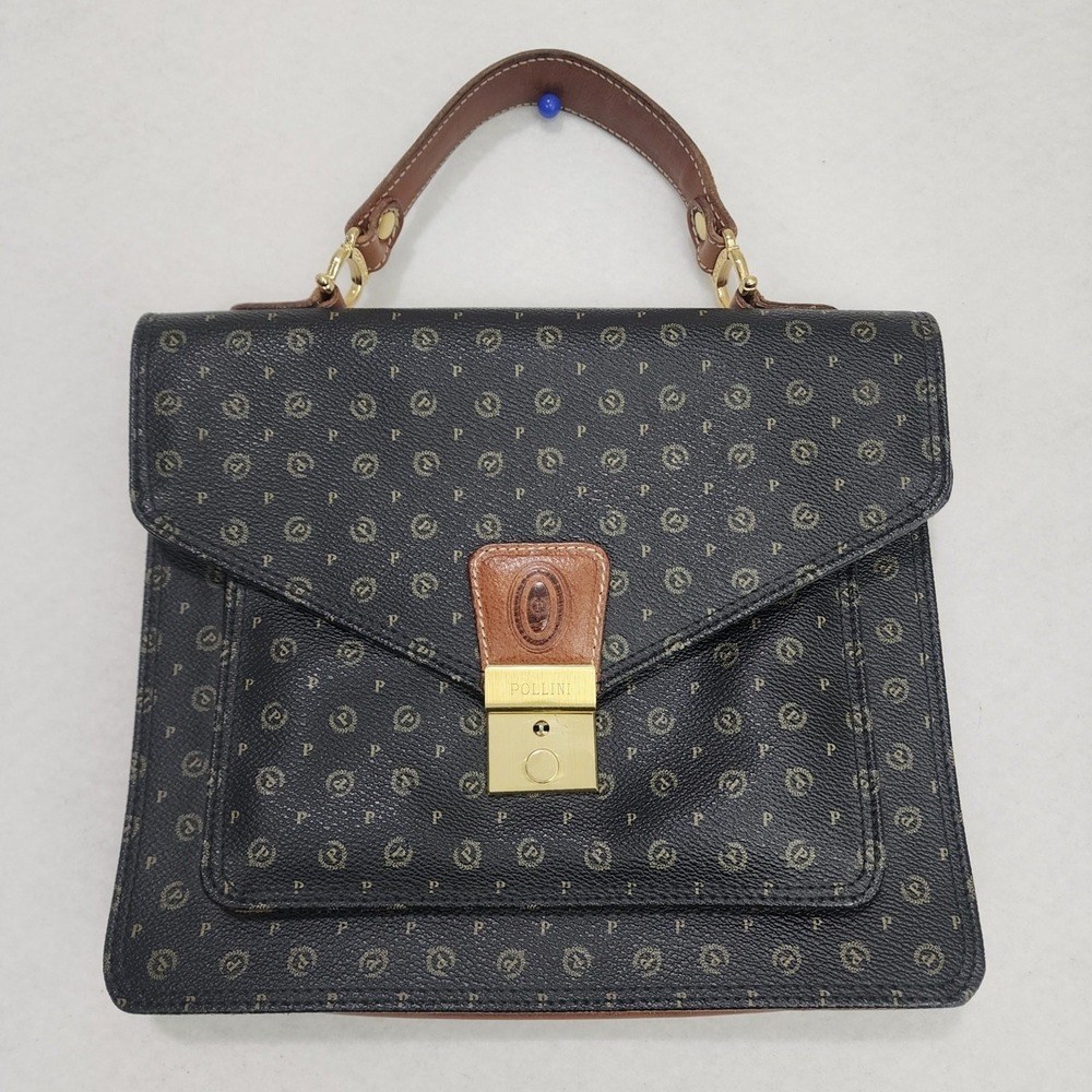 Vintage Pollini Bag Black Leather Monogram Inner Pocket Top Handle Briefcase